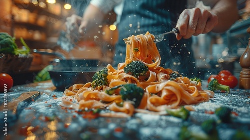  A person adding broccoli to a plate of raw pasta