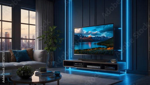 Smart tv in modern living room interior design with blue neon lights  3d render. Generative ai.