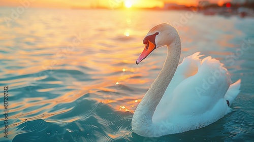  A swan gracefully gliding on a serene body of water  framed by the picturesque shoreline The stunning sunset sets the backdrop for this peaceful scene