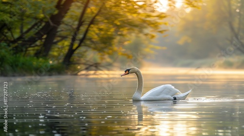   A white swan glides atop a serene lake beside a lush forest teeming with verdant foliage