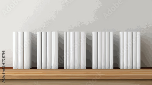 Six white books with blank covers on a bookshelf -