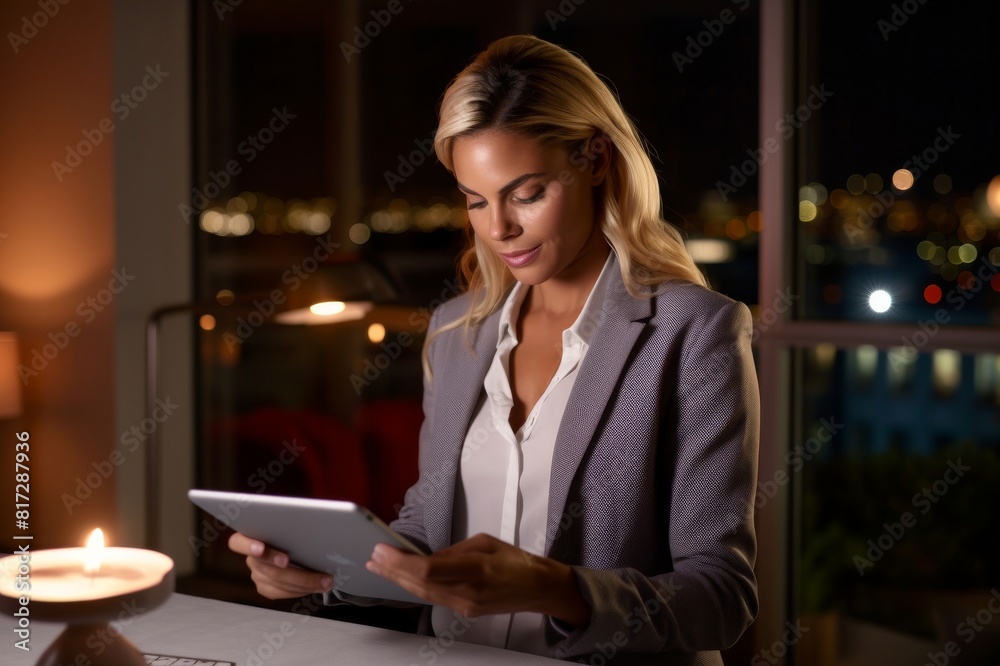 Young well dressed businesswoman working on a digital tablet late night in home office Young well dressed businesswoman working on a digital tablet late night in home office Young well dressed businesswoman working on a digital tablet late night in home office Young well dressed businesswoman working on a digital tablet late night in home office