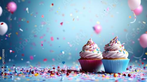 Two cupcakes with creamy peaks on holiday festive background with confetti and balloons. Baby shower theme