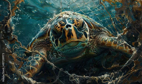 sea turtle, underwater - a grim depiction of marine life facing pollution © Olha