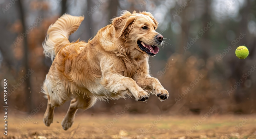 Golden Retriever Dog Jumping for Tennis Ball