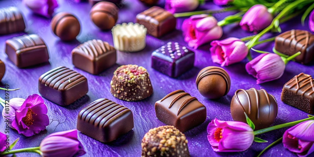 A box of candies on a purple background, chocolates, macro, sweets, minimalism, sprigs of flowers, wallpaper, background, purple gift A box of candies on a purple background, chocolates, macro, sweets, minimalism, sprigs of flowers, wallpaper, background, purple gift
