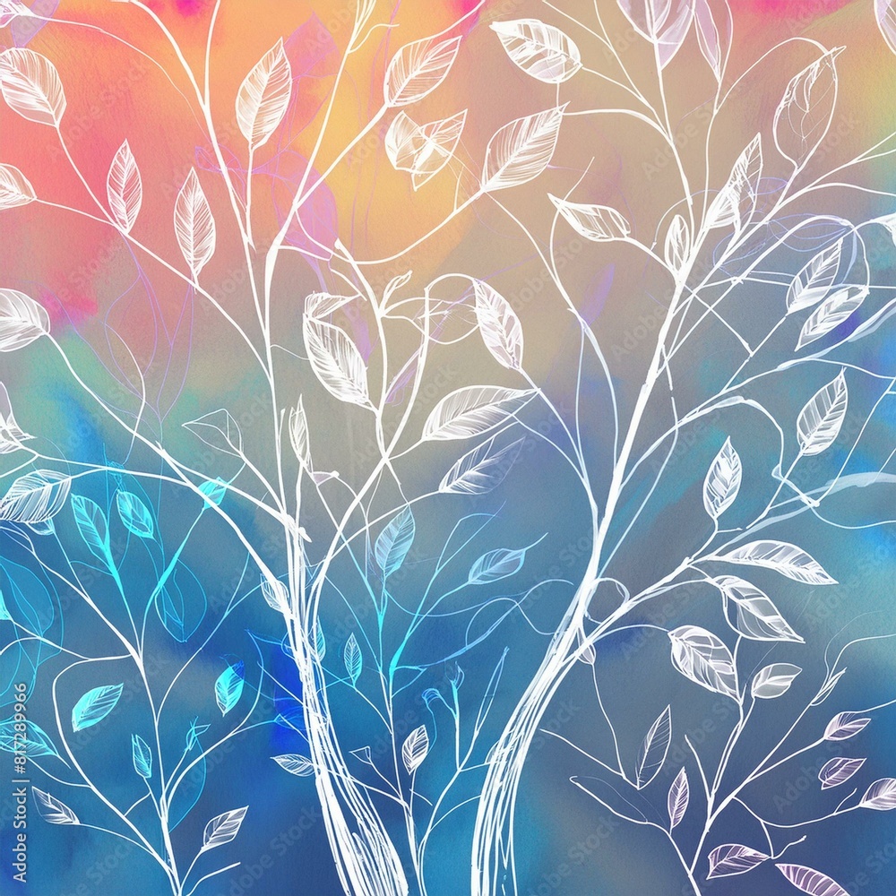 White branches on peach and blue background graphic elements, illustration White branches on peach and blue background graphic elements, illustration