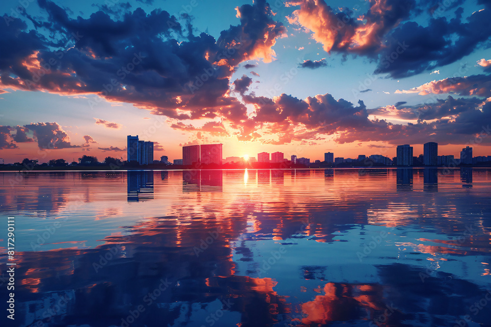City skyline at sunset with colorful clouds reflecting on the calm water. Urban landscape photography for travel and architecture concepts. Design for poster and wallpaper. Wide shot City skyline at sunset with colorful clouds reflecting on the calm water. Urban landscape photography for travel and architecture concepts. Design for poster and wallpaper. Wide shot