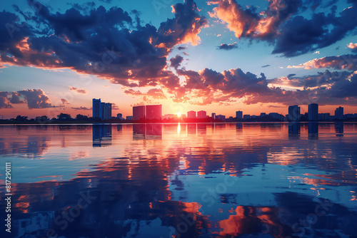 City skyline at sunset with colorful clouds reflecting on the calm water. Urban landscape photography for travel and architecture concepts. Design for poster and wallpaper. Wide shot