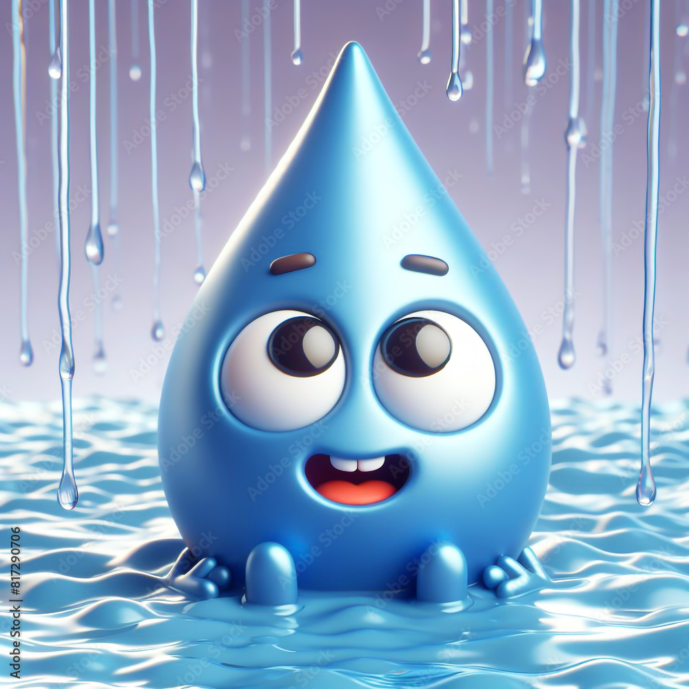 Water drop cartoon in the rain. Draws attention to climate change and water scarcity. World Water Day Water drop cartoon in the rain. Draws attention to climate change and water scarcity. World Water Day