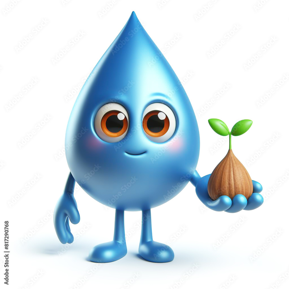 Water drop cartoon with seed germinating in hand. Draws attention to climate change and water scarcity. World Water Day Water drop cartoon with seed germinating in hand. Draws attention to climate change and water scarcity. World Water Day