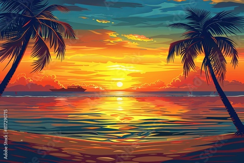 A painting featuring a vibrant sunset over the ocean  with palm trees silhouetted against the colorful sky on a sandy beach. Generative AI