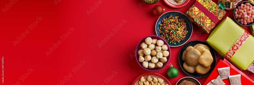 Overhead shot of various Asian sweets and gifts arranged on a vibrant red background Overhead shot of various Asian sweets and gifts arranged on a vibrant red background