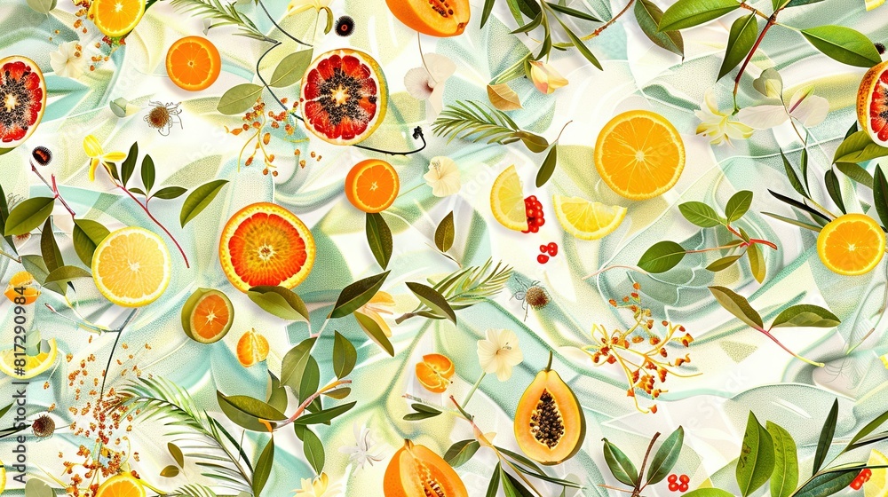 Oranges on white background with leaves and berries Oranges on white background with leaves and berries