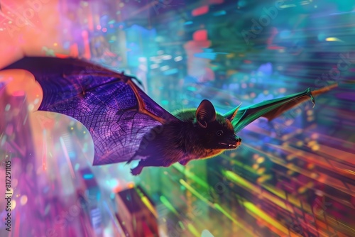 Close up of a bat, its echolocation now a sophisticated sonar system, navigating the neonlit skyline of a cyberpunk city, buildings a colorful blur below, sharpen with copy space photo