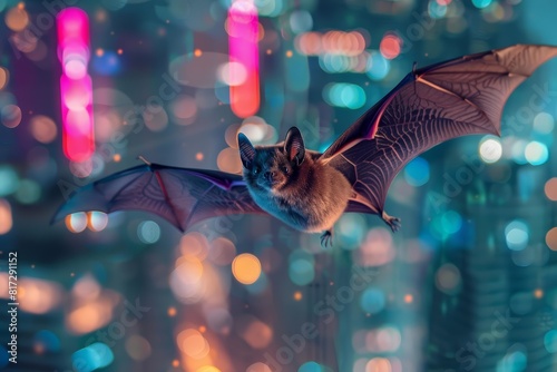 Close up of a bat, its echolocation now a sophisticated sonar system, navigating the neonlit skyline of a cyberpunk city, buildings a colorful blur below, sharpen with copy space photo
