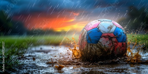 Postponed soccer matches due to thunderstorm on muddy field. Concept Soccer Matches, Thunderstorm, Muddy Field, Postponed Games photo
