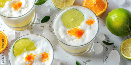 Pisco Sour cocktail on a white quartz background, Iconic Peruvian drink, lemons, limes with cocktail garnish