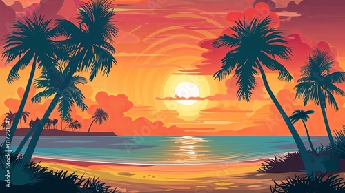 A painting of a vibrant sunset over the ocean  casting a warm glow on a sandy beach dotted with tall palm trees. Generative AI