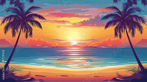 Fototapeta Naklejka Na Ścianę i Meble -  A painting depicting a tropical beach scene with palm trees against a colorful sunset over the ocean. Generative AI