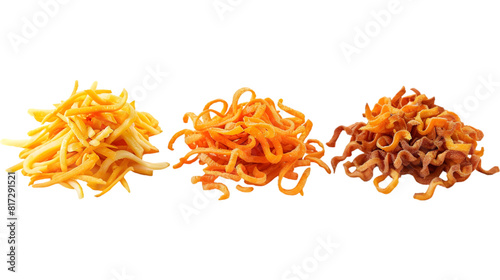  A diverse trio of shoestring fries, curly fries, and sweet potato fries displayed in neat rows, transparent background