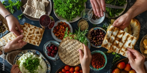 Hands reaching towards a variety of Middle Eastern dishes, portraying a communal eating scene photo