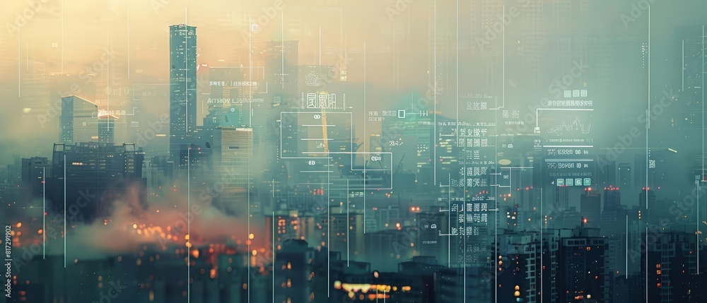 Fototapeta premium Close up of a cityscape where environmental degradation is visible through layers of augmented reality