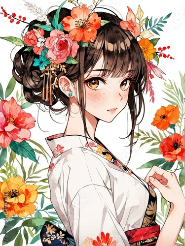 Beautiful anime girl with floral hairpieces and summer kimono