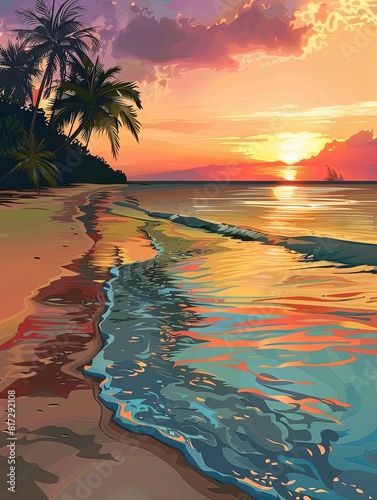 A painting depicting a vibrant sunset over a beach with palm trees lining the shore. Generative AI