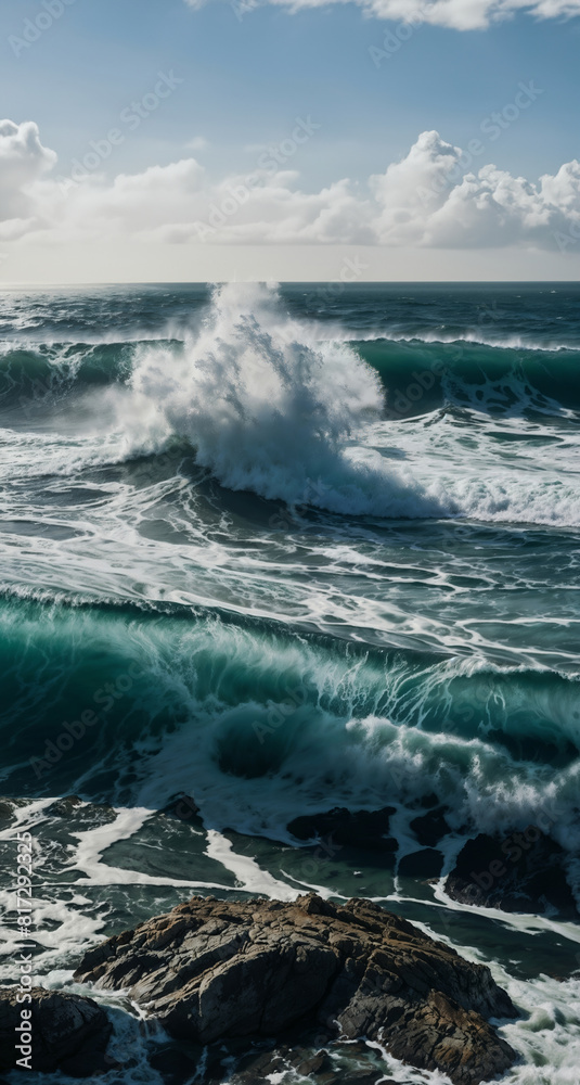Fototapeta premium Beauty of marine nature, strength and power of the water element in form of a large turquoise sea wave crashing on shore