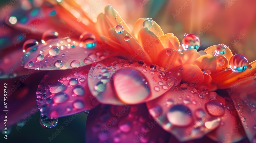 The image beautifully embodies nature s tenacity and elegance showcasing fragile petals shimmering with raindrops Each tiny droplet mirrors a kaleidoscope of hues infusing the scene with vi