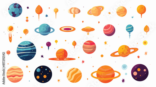 Space cosmos objects icon set. Planet with ring cra photo