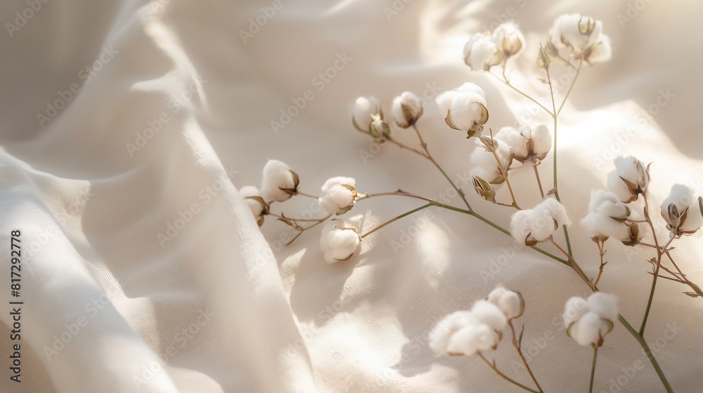 Cotton Flowers on White Fabric in Soft Light