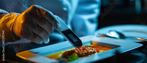 Close up of a food poisoning detector, a sleek, palmsized device analyzing a sample dish and displaying toxins on its screen, sharpen with copy space photo