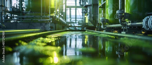 Close up of a fossil fuel replacement facility, converting algae into biofuel, the sprawling green bioreactors a blur behind the main conduit, sharpen with copy space photo