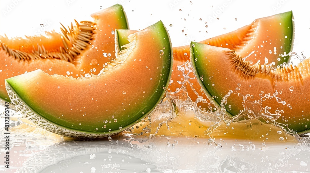 Sliced Cantaloupe with Juice Splashes on White - Fresh Melon Splash High Resolution Image Sliced Cantaloupe with Juice Splashes on White - Fresh Melon Splash High Resolution Image