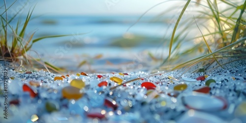 Close-Up of Colorful Sea Glass Pebbles on a Sandy Beach with Grass, Ocean and Cloudy Blue Sky in Background