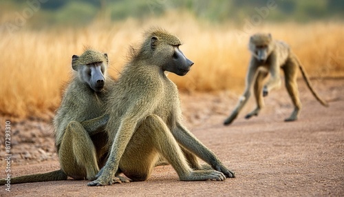 chacma baboons papio ursinus also known as the cape baboon hanging around in mashatu game reserve in the tuli block in botswana photo