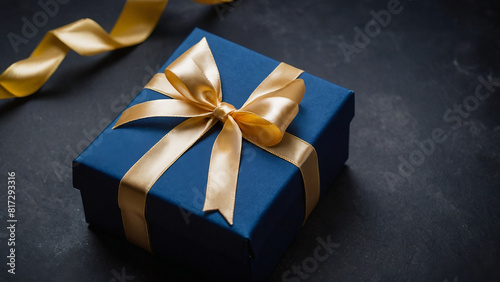 Gift box with gold ribbon,dark blue gift box with gold ribbon on a dark blue background,AI generator