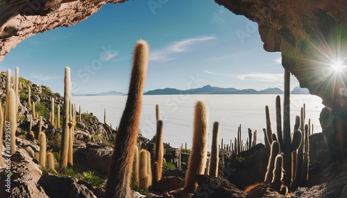 panoramic view of the uyuni salt flat with cactus plants under the cave salar de uyuni bolivia photo