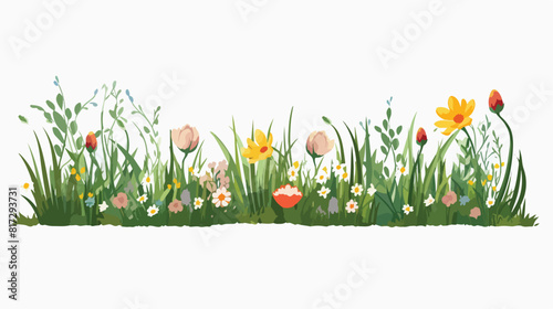 Spring border with green grass and flowers on trans