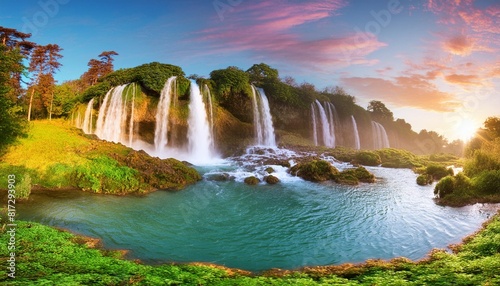 fantasy landscape with waterfalls panorama