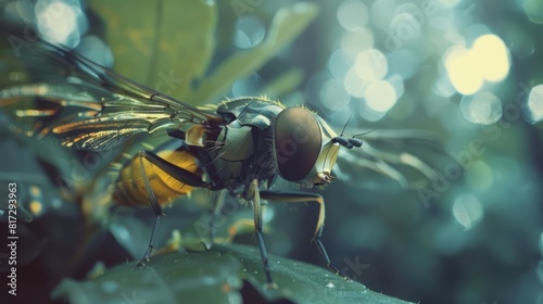 Close up of a hoverfly drone, camouflaged among real insects, spying in a garden with its camera eyes barely visible, sharpen with copy space photo