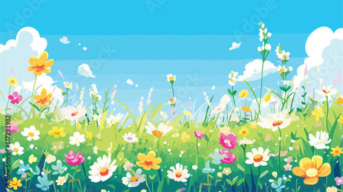 Spring grass and flowers border on blue sky backgro