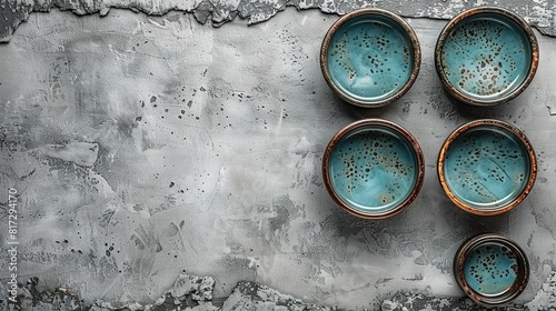   A set of four blue bowls resting on a cement ledge beside a wall with flaking paint