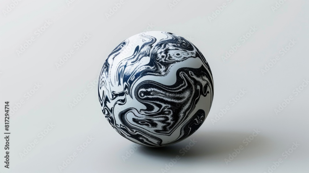A vibrant 3D rendering showcases an abstract black and white depiction of planet Earth adorned with a unique organic pattern set against a light grey background