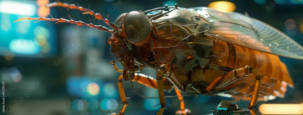Close up of a mechanical flea, bounding within a virtual reality pet training module, helping animals react to dynamic scenarios, sharpen with copy space Close up of a mechanical flea, bounding within a virtual reality pet training module, helping animals react to dynamic scenarios, sharpen with copy space