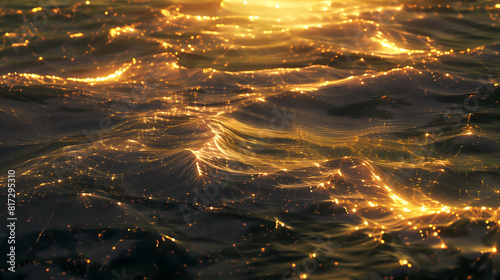 Golden water wave reflection in sunset. Golden sea. Golden waves. Golden reflection on water. Golden water texture. Sun reflection. Glowing golden water. Gold water.
