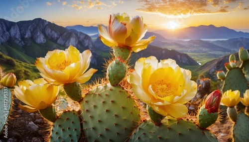 a painting depicting a vibrant opuntia prickly pear cactus adorned with bright yellow flower blossoms the artwork showcases the stunning display of the cactus in full bloom photo