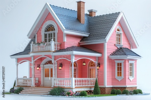 Model of miniature two-story pink house with gray roof in the form of plastic toy figure, with flower beds near the house © Anzhela